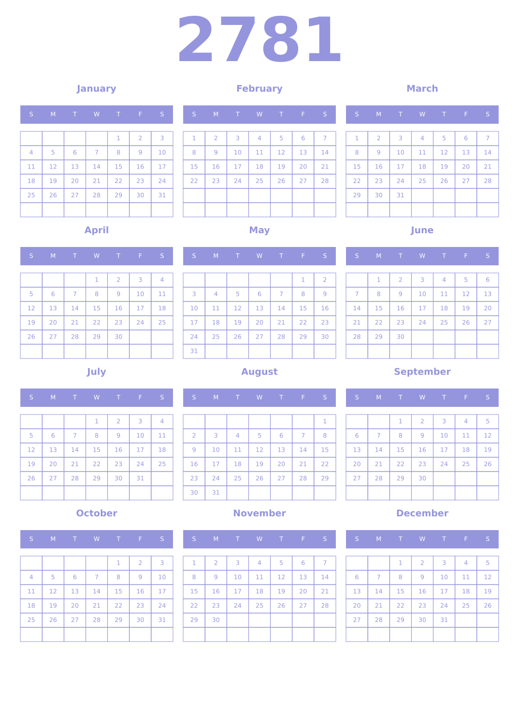 Printable 2781 Year Calendars periwinkle