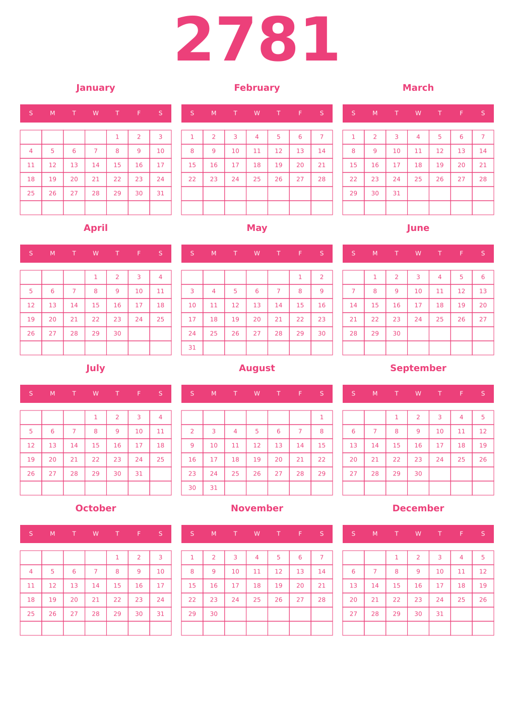 Printable 2781 Year Calendars pink