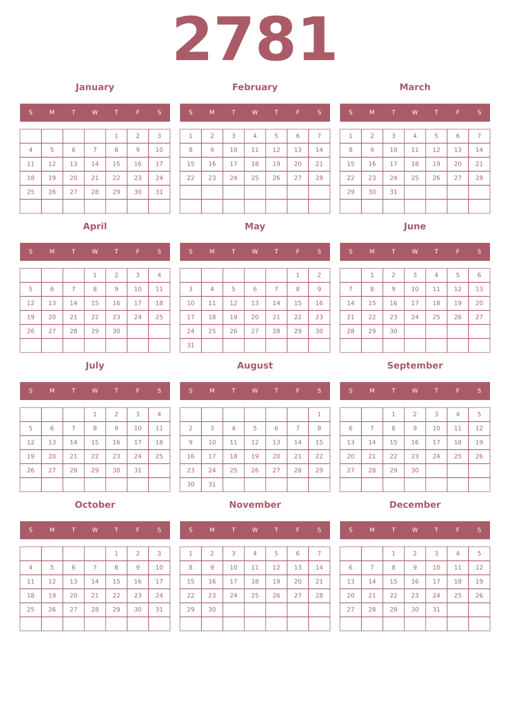 Printable 2781 Year Calendars puce