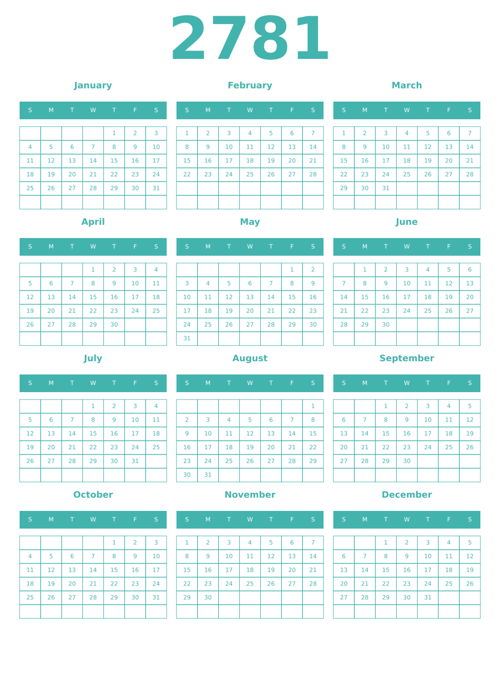 Printable 2781 Year Calendars verdigris