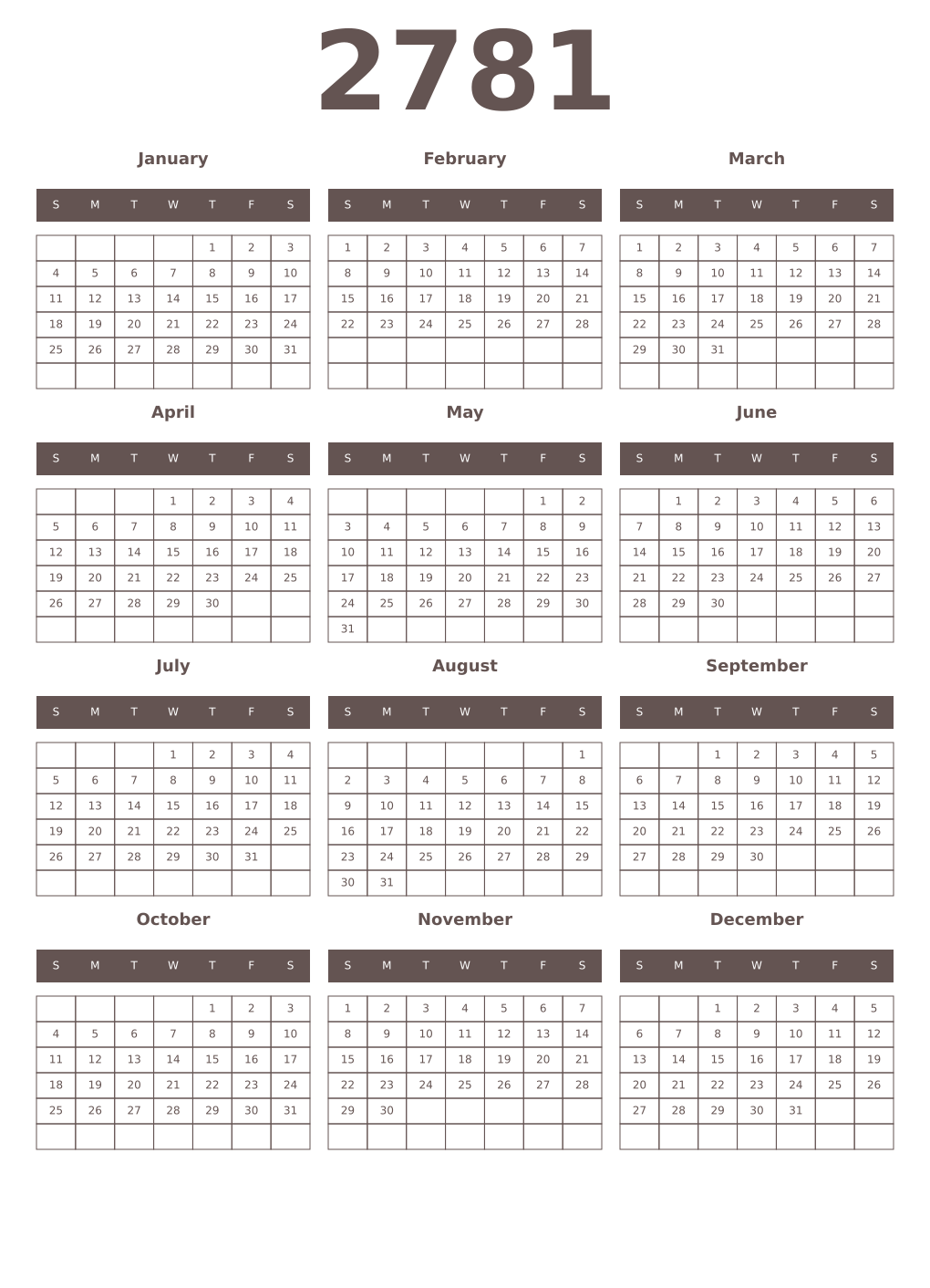 Printable 2781 Year Calendars wenge