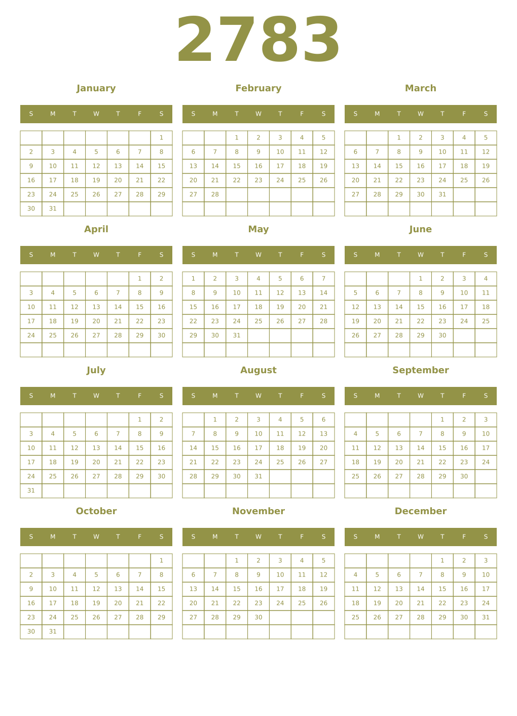 Printable 2783 Year Calendars eburnean