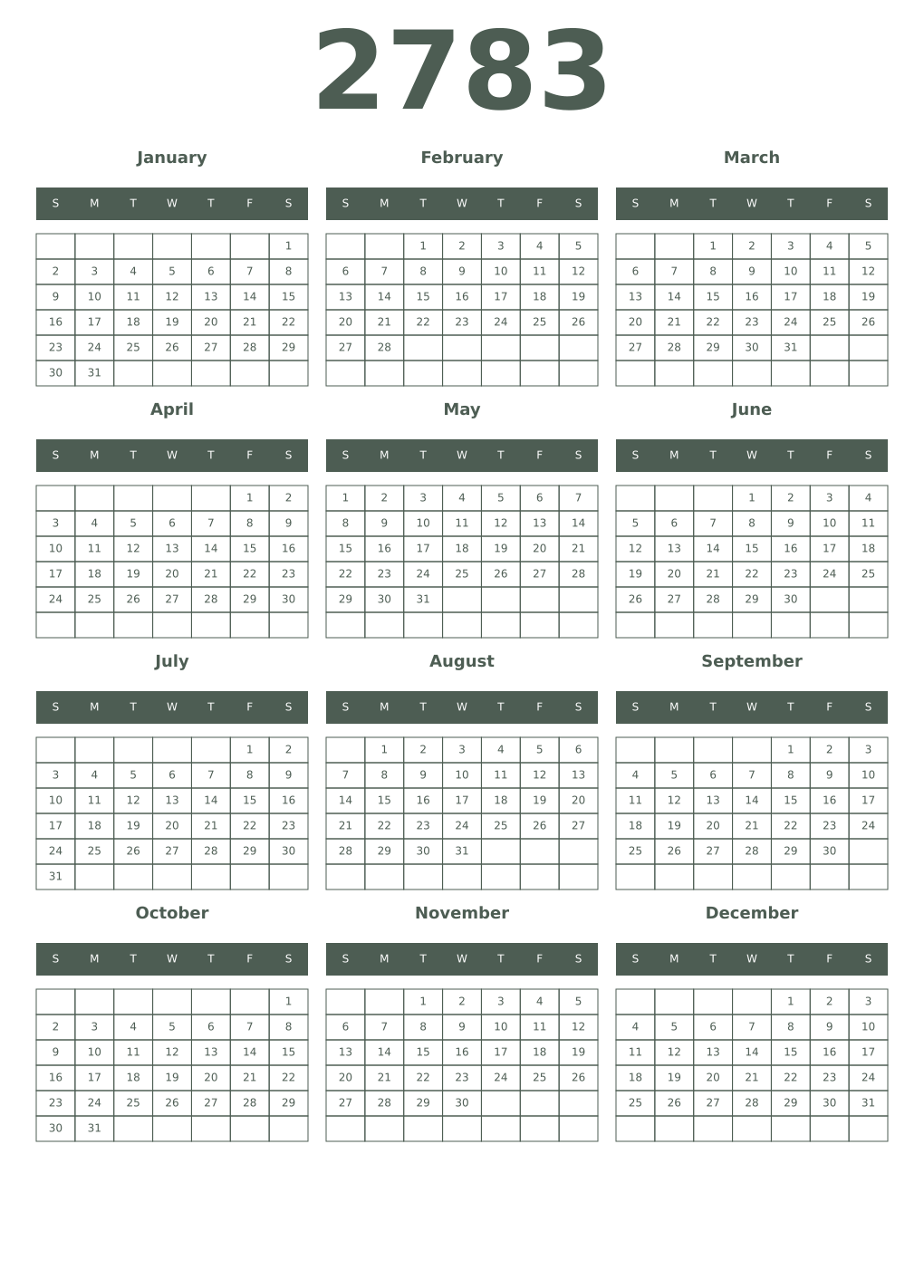 Printable 2783 Year Calendars feldgrau
