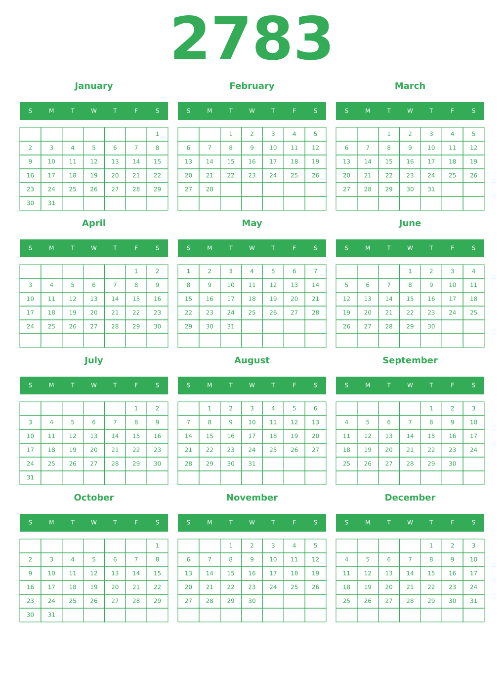 Printable 2783 Year Calendars green