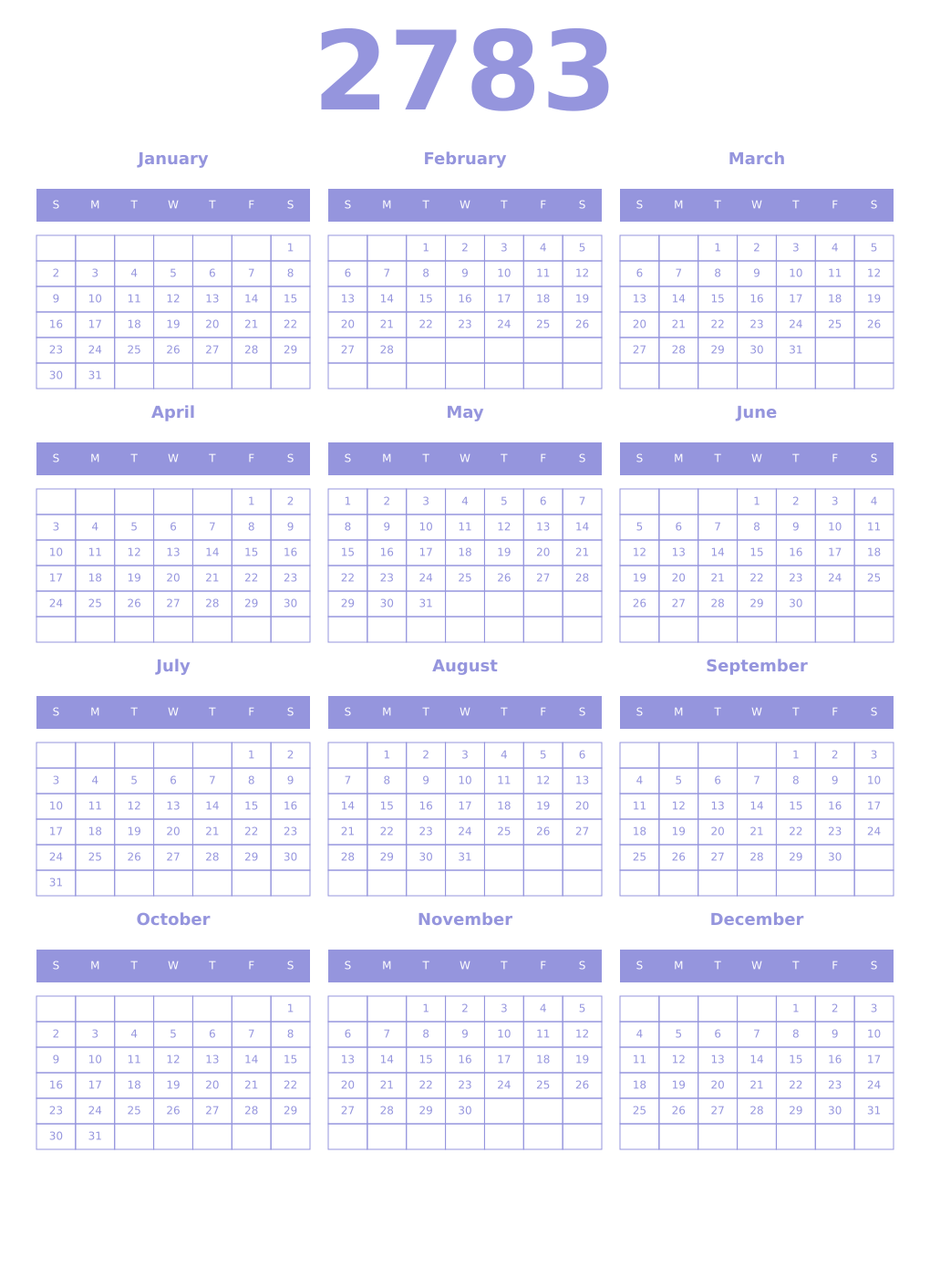 Printable 2783 Year Calendars periwinkle