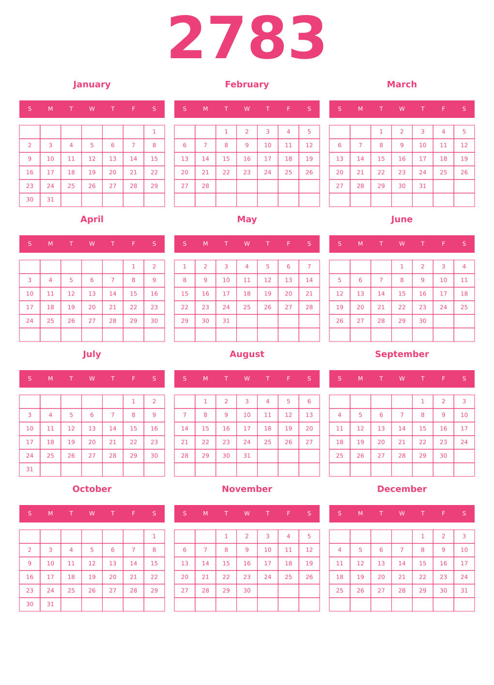 Printable 2783 Year Calendars pink