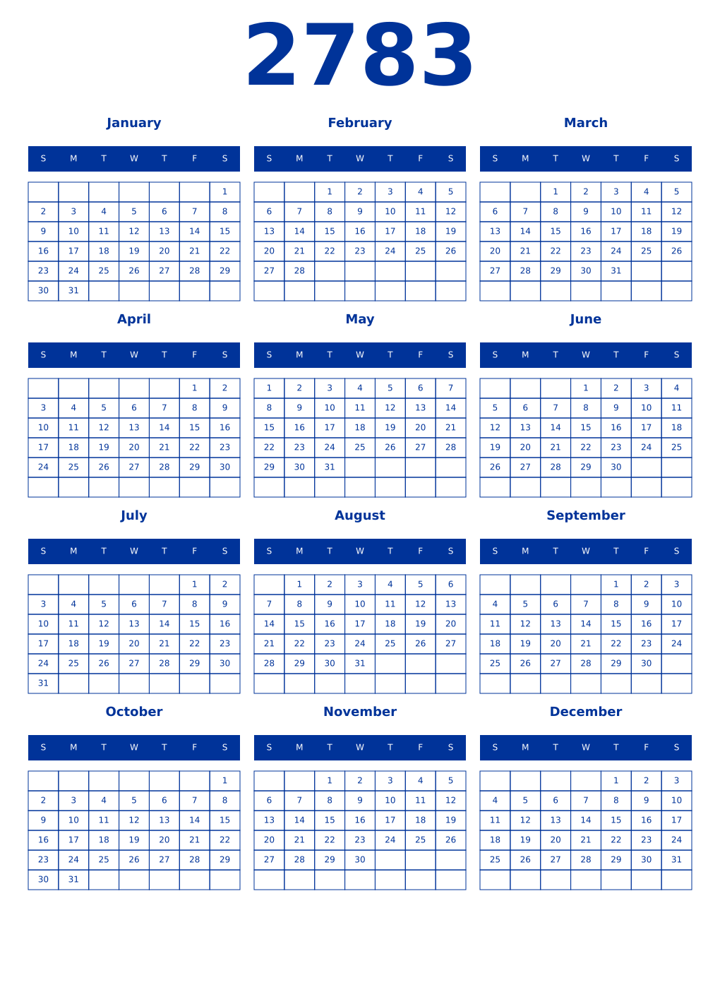 Printable 2783 Year Calendars smalt