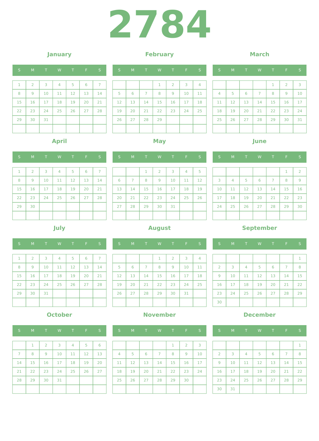 Printable 2784 Year Calendars celadon