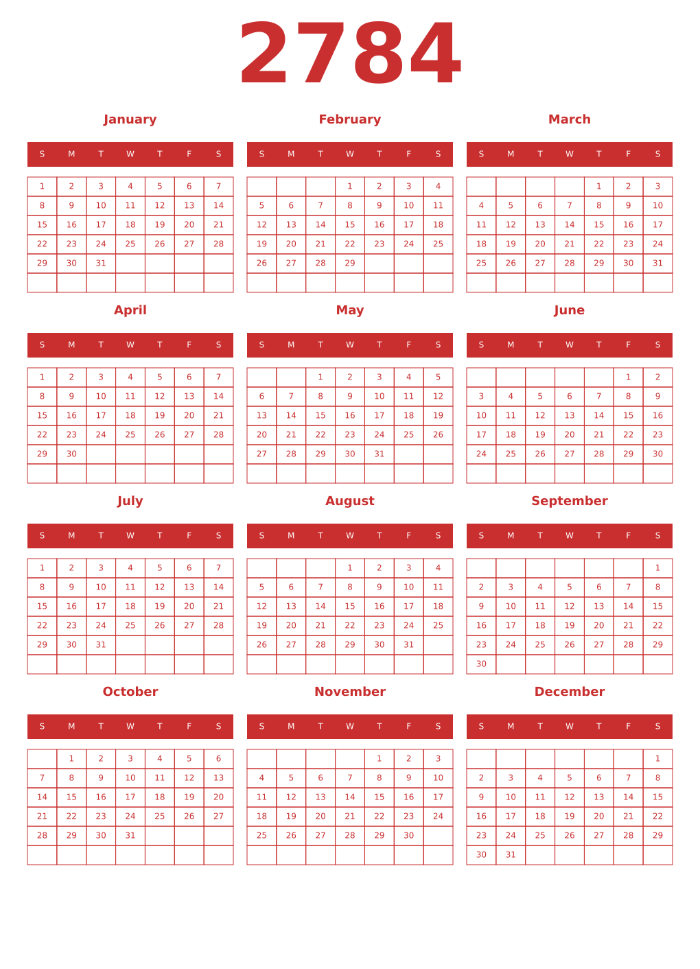 Printable 2784 Year Calendars red