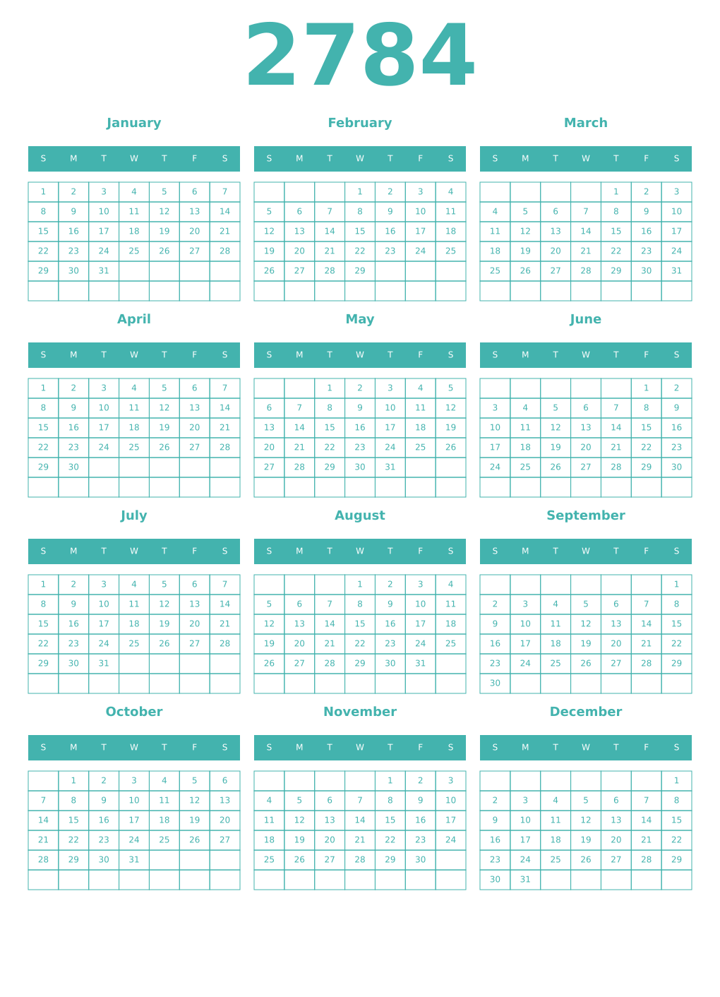 Printable 2784 Year Calendars verdigris