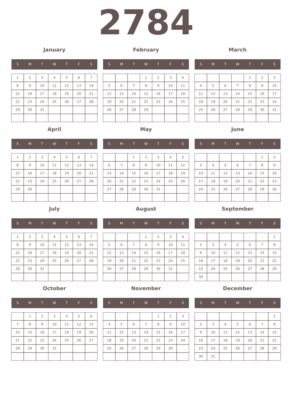 Printable 2784 Year Calendars wenge