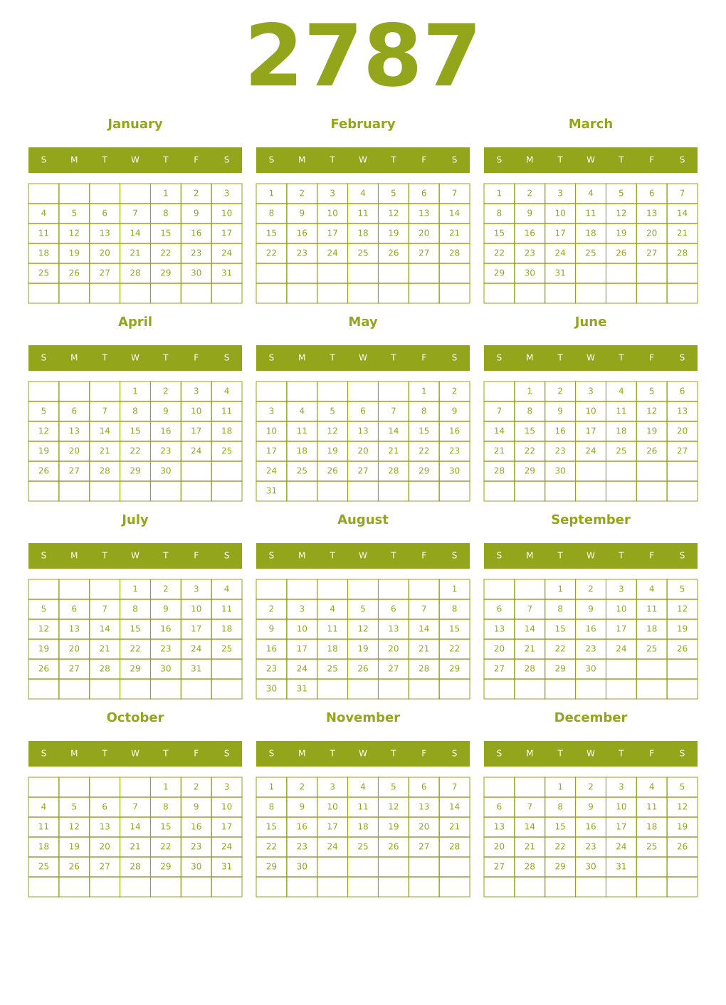 Printable 2787 Year Calendars chartreuse