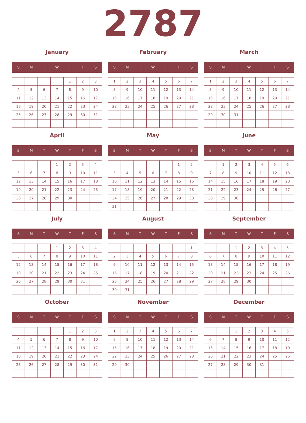 Printable 2787 Year Calendars cordovan