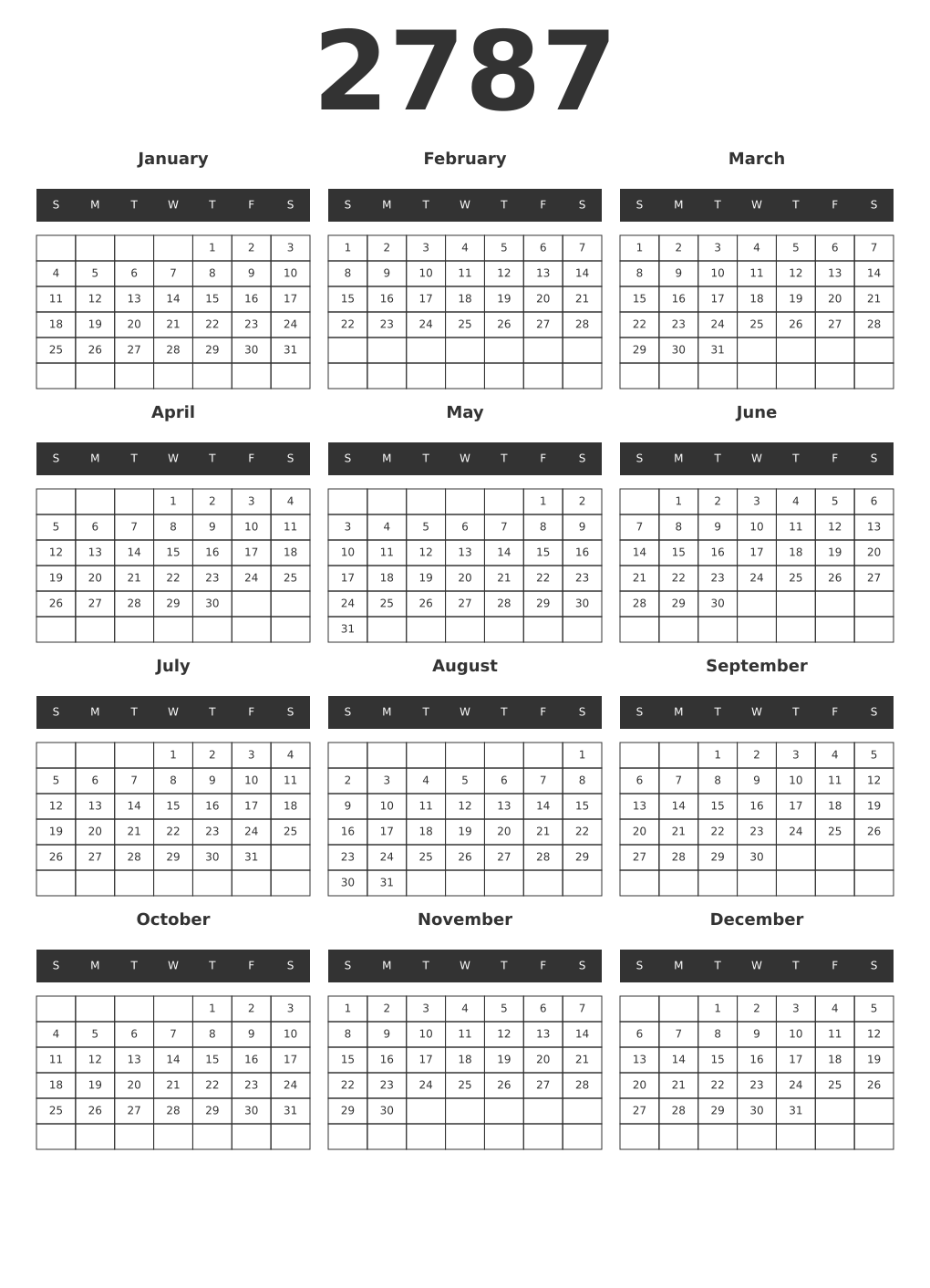Printable 2787 Year Calendars dark