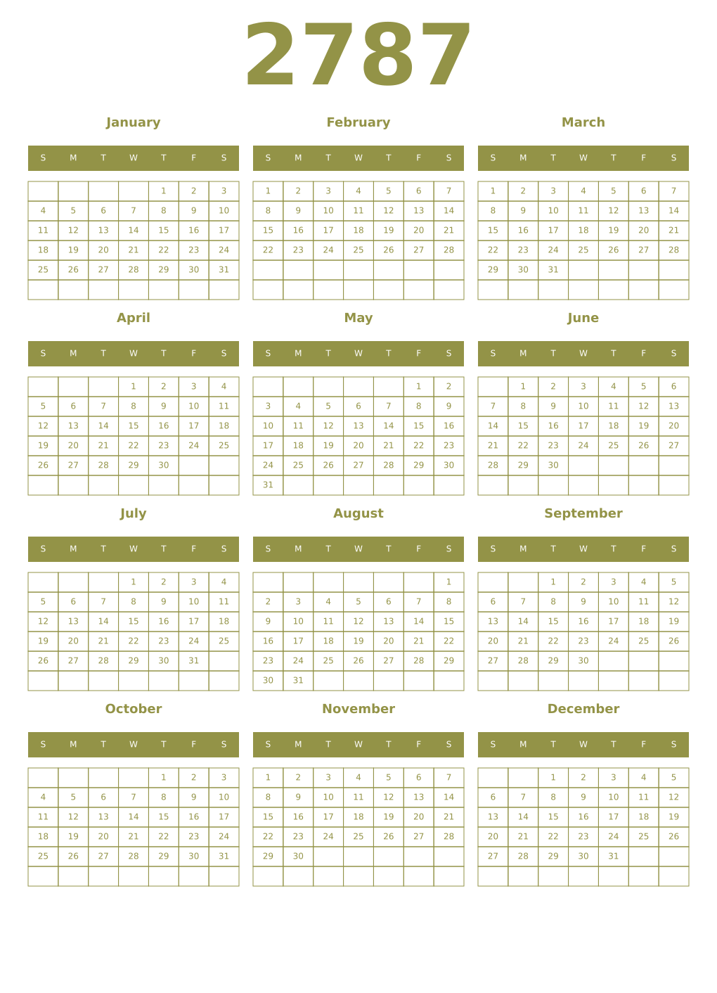 Printable 2787 Year Calendars eburnean