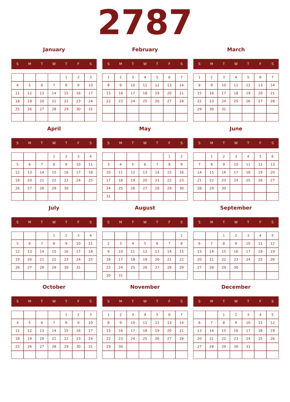 Printable 2787 Year Calendars falu