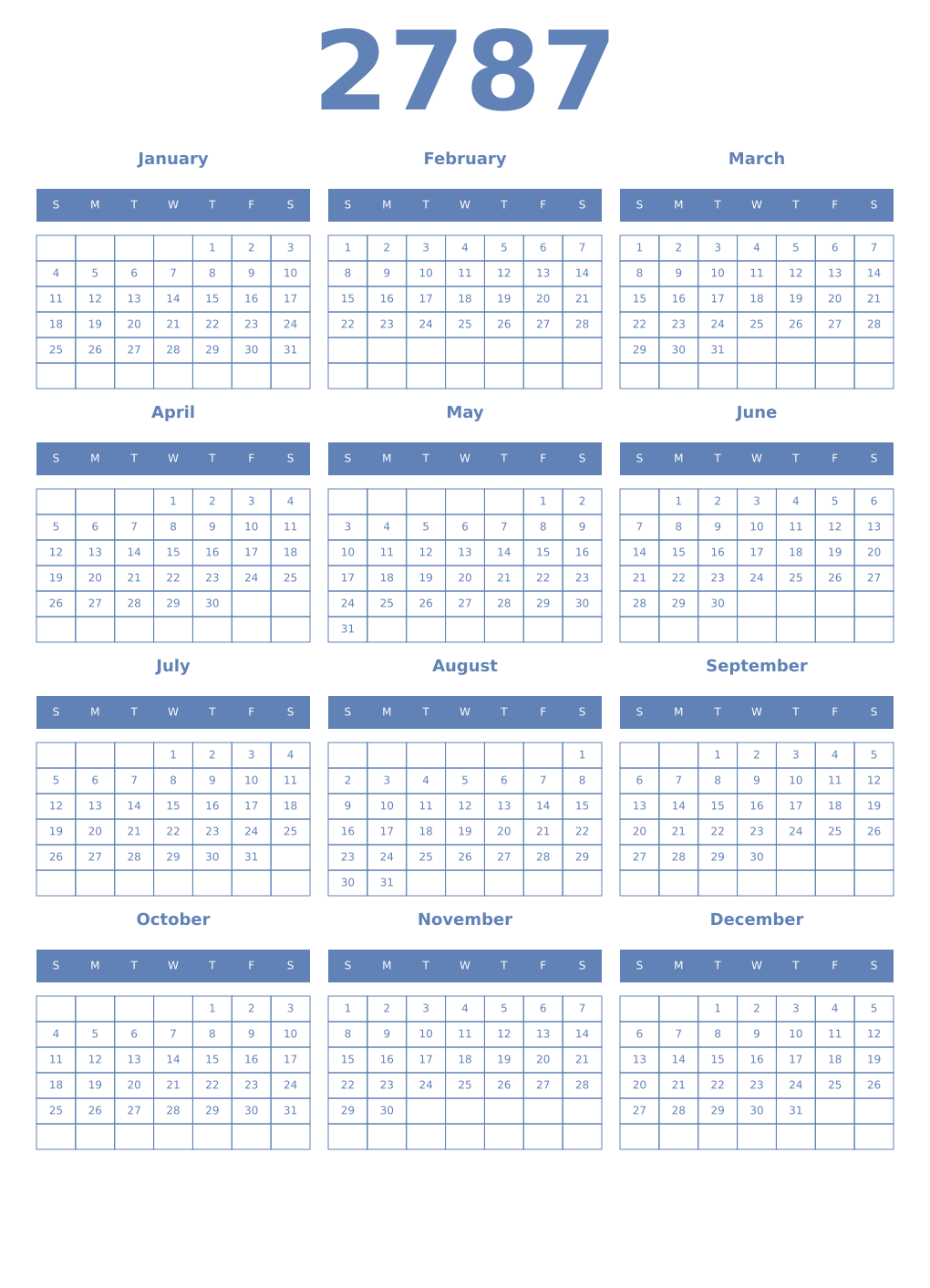 Printable 2787 Year Calendars glaucous