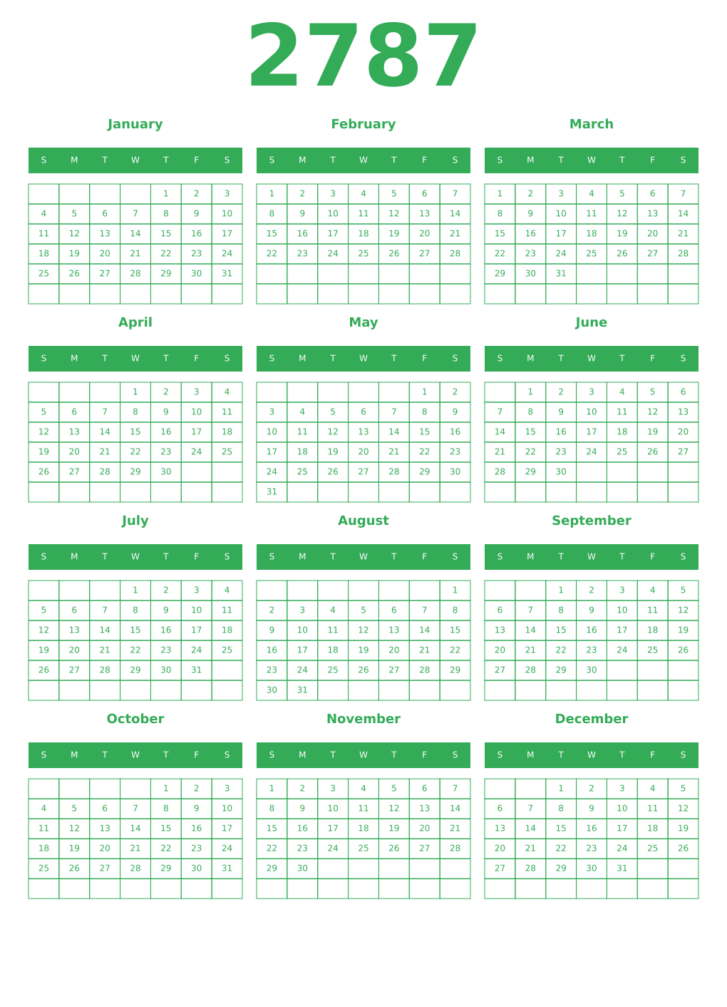 Printable 2787 Year Calendars green