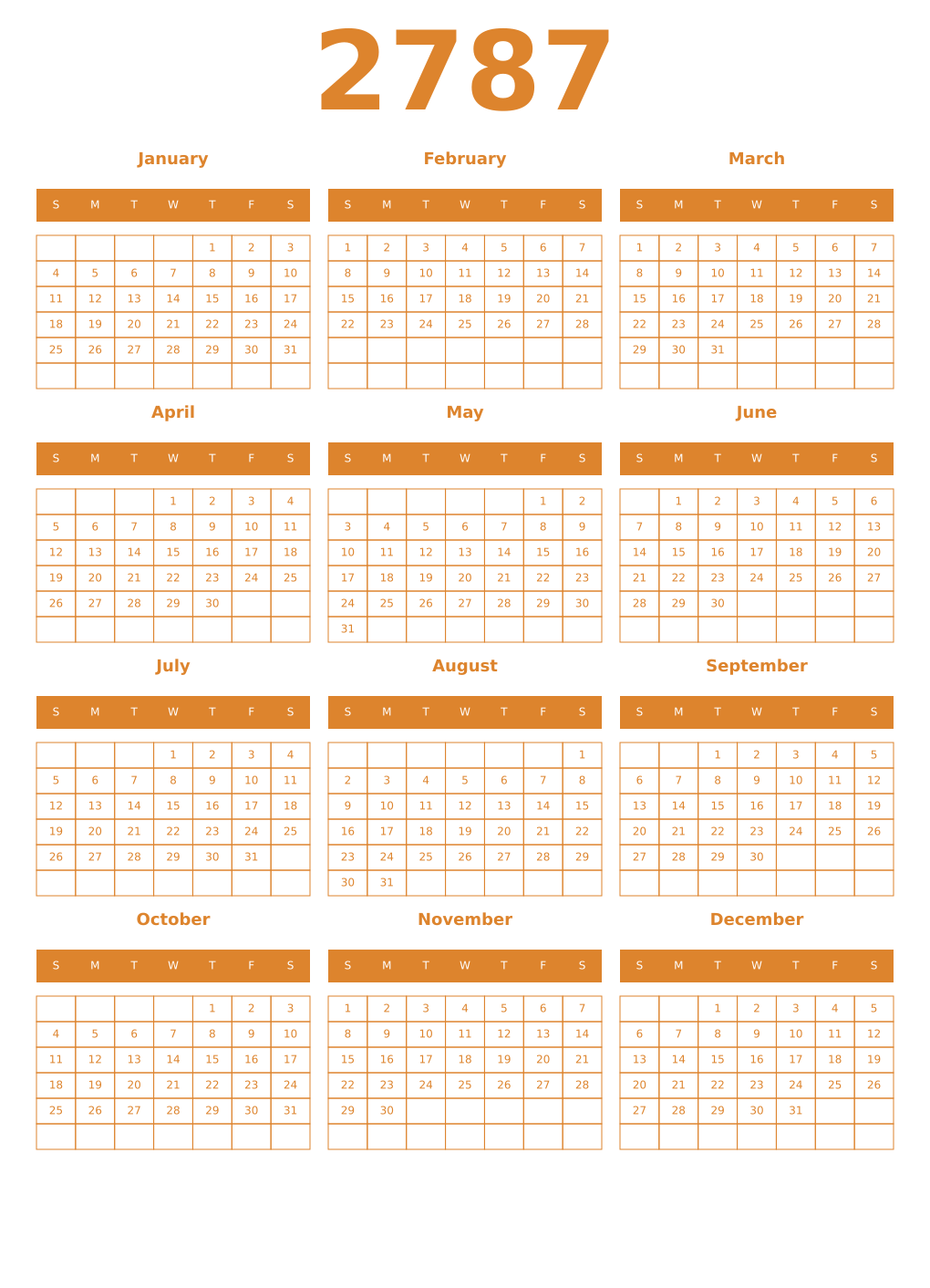 Printable 2787 Year Calendars orange