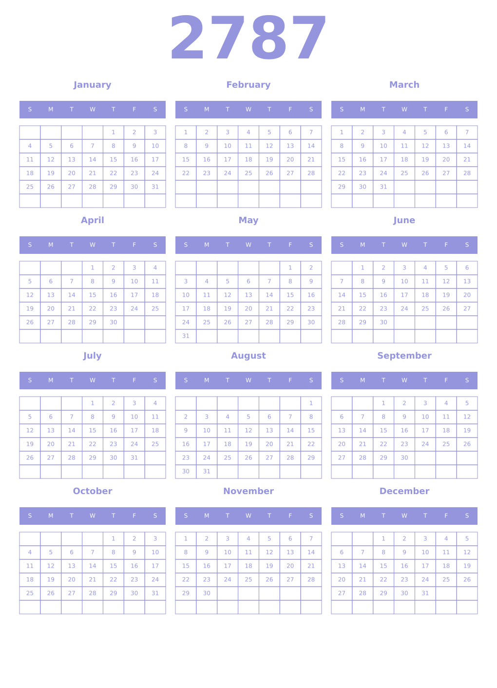 Printable 2787 Year Calendars periwinkle