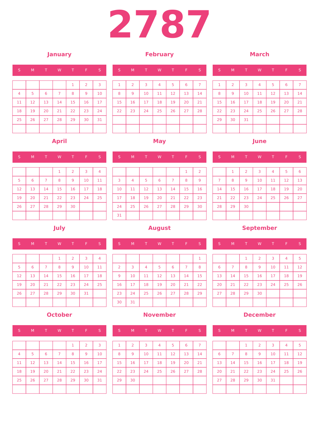 Printable 2787 Year Calendars pink