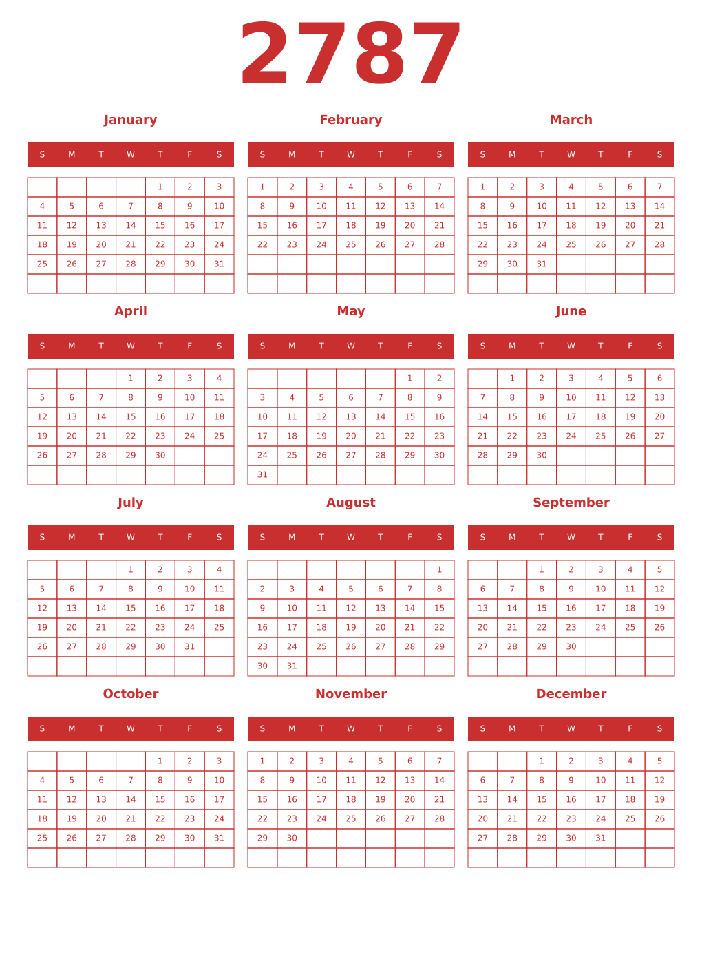 Printable 2787 Year Calendars red