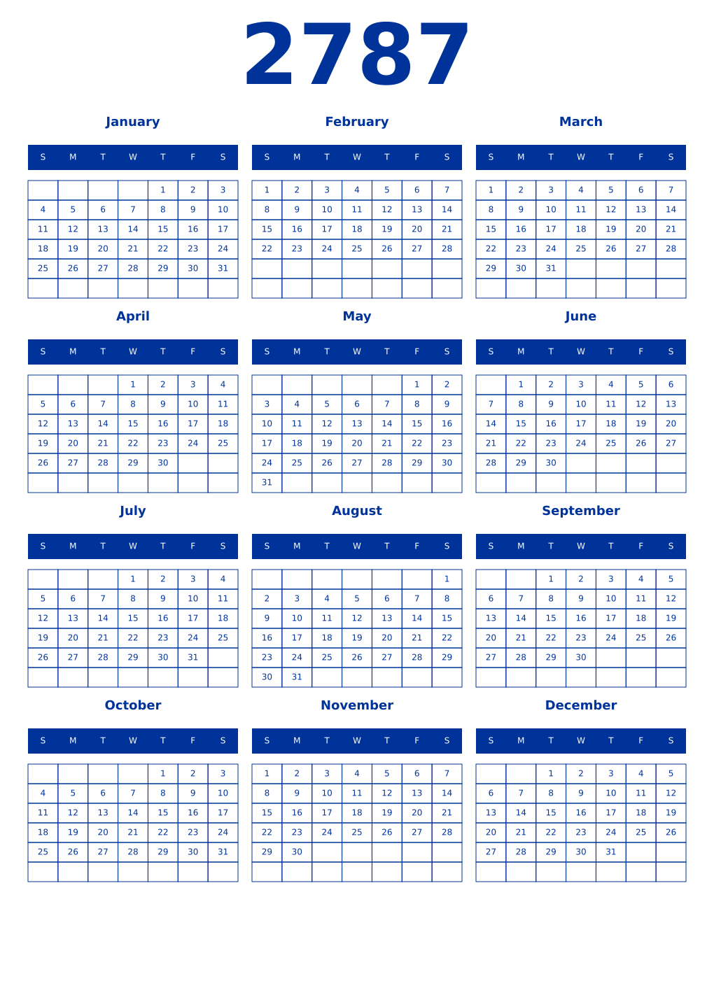 Printable 2787 Year Calendars smalt