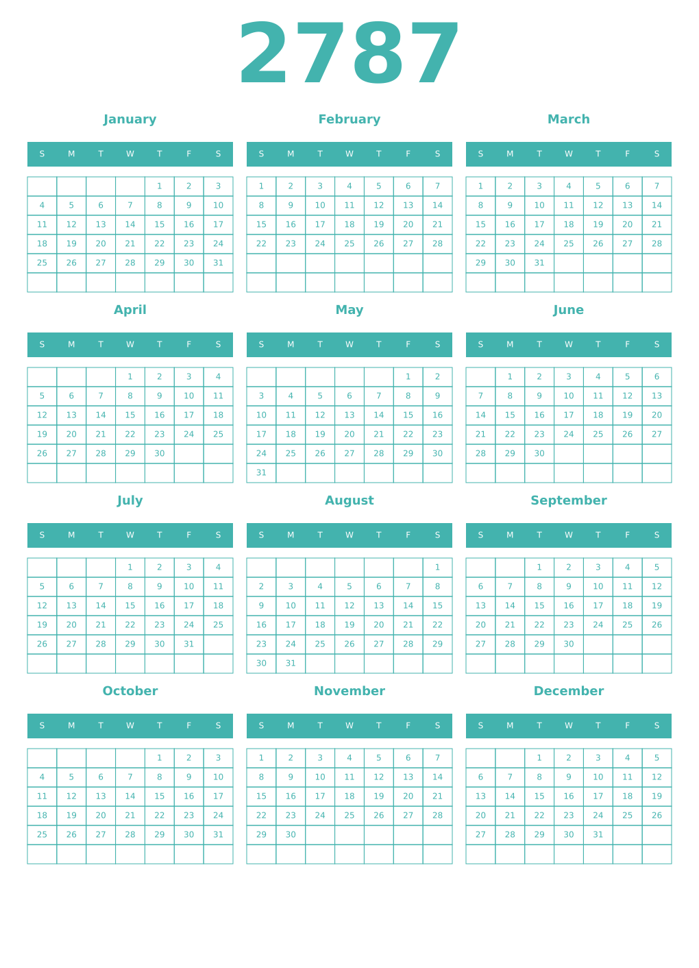 Printable 2787 Year Calendars verdigris