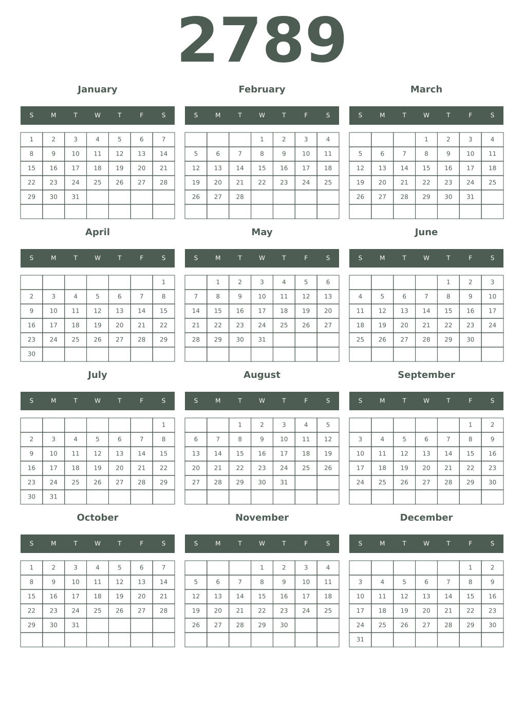 Printable 2789 Year Calendars feldgrau
