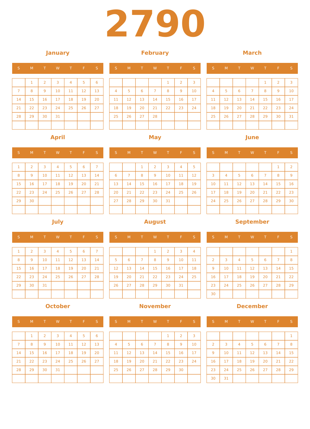 Printable 2790 Year Calendars orange