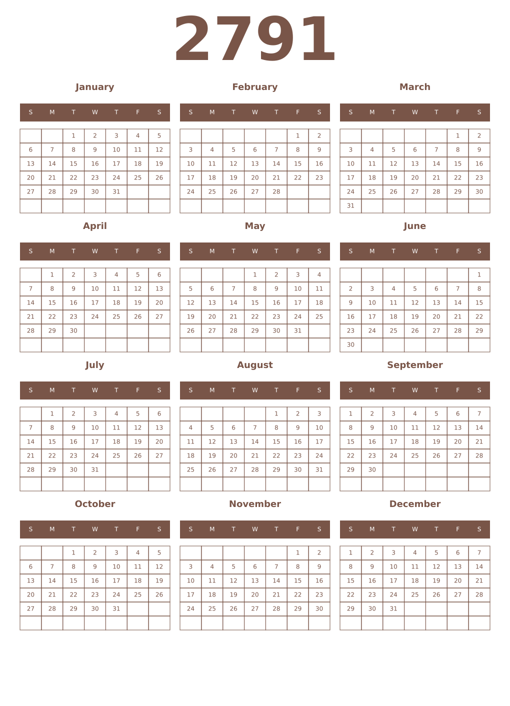 Printable 2791 Year Calendars coffe