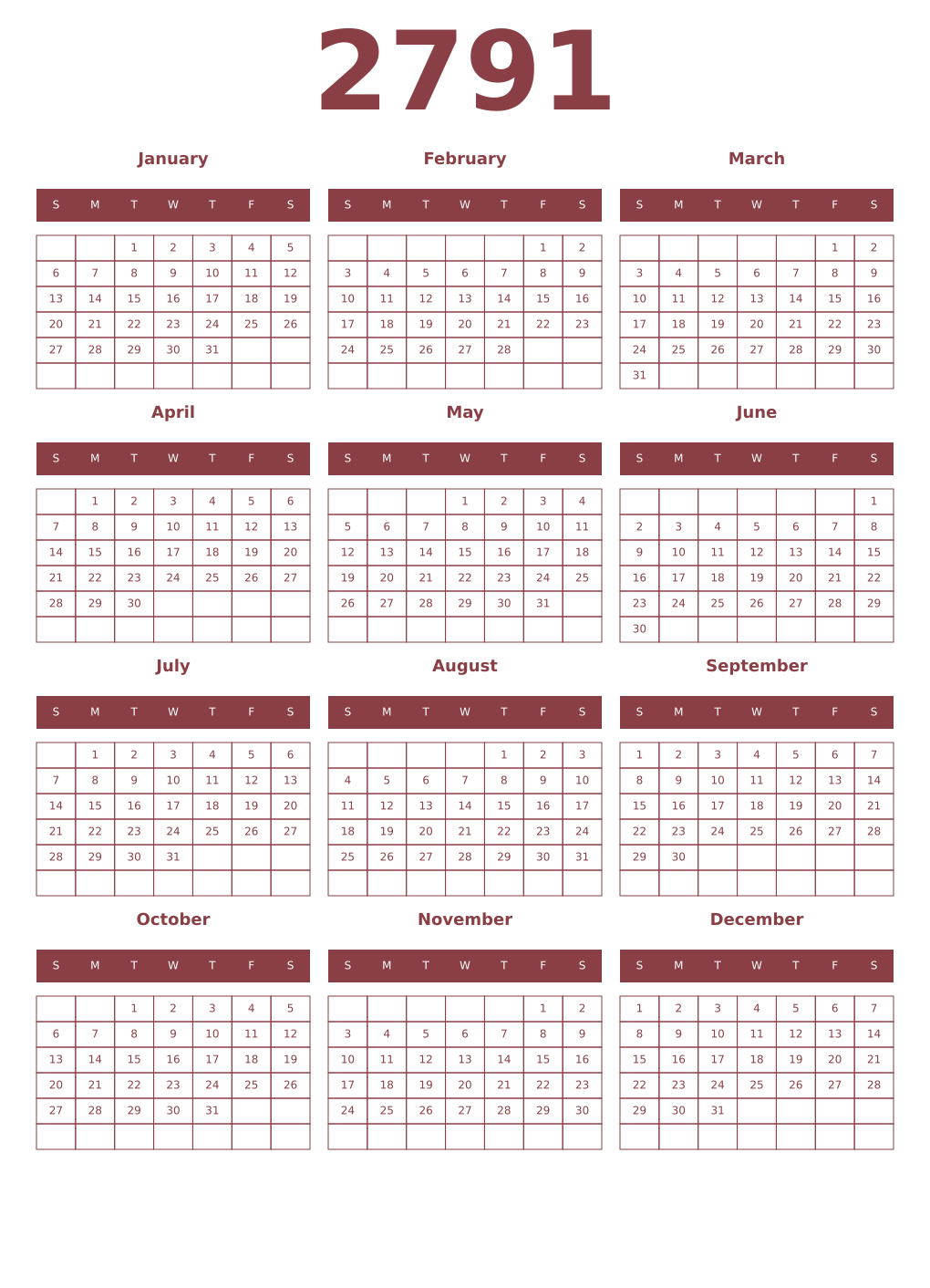 Printable 2791 Year Calendars cordovan