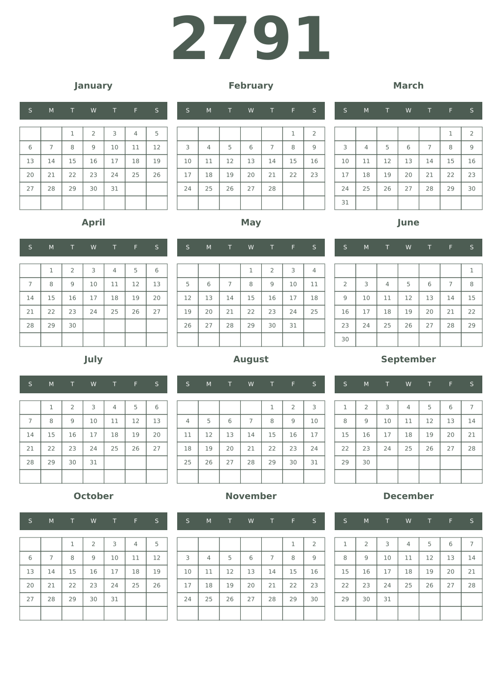 Printable 2791 Year Calendars feldgrau