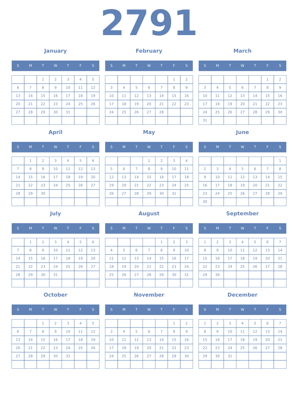 Printable 2791 Year Calendars glaucous