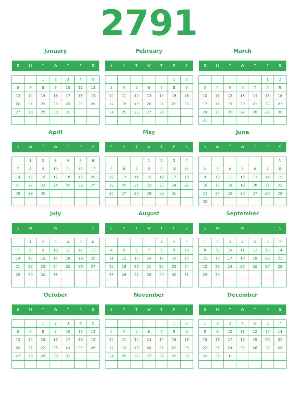 Printable 2791 Year Calendars green
