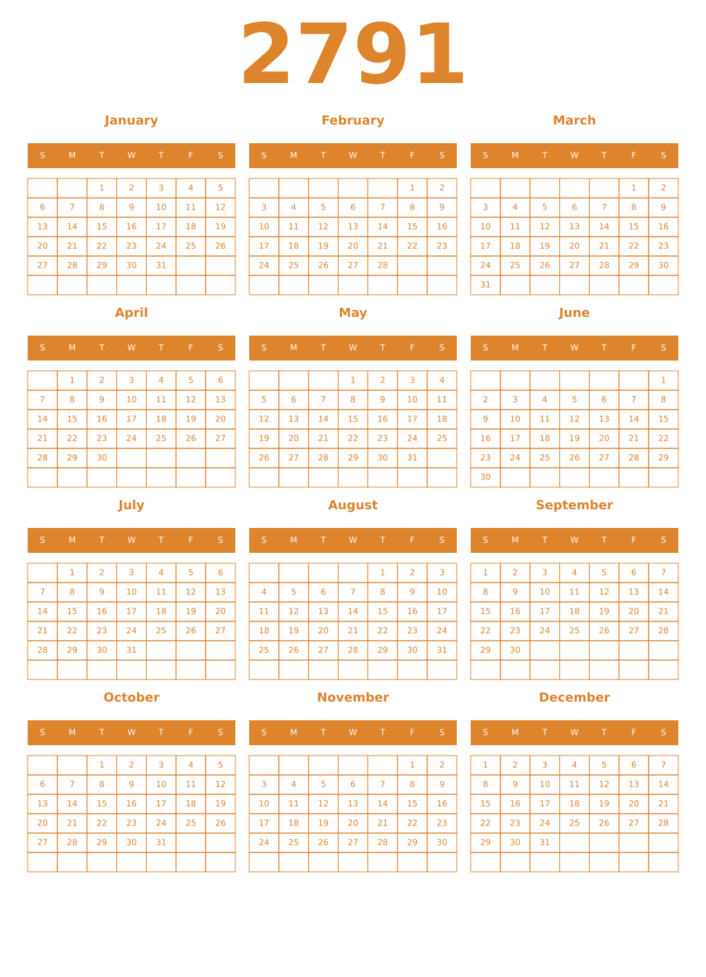 Printable 2791 Year Calendars orange