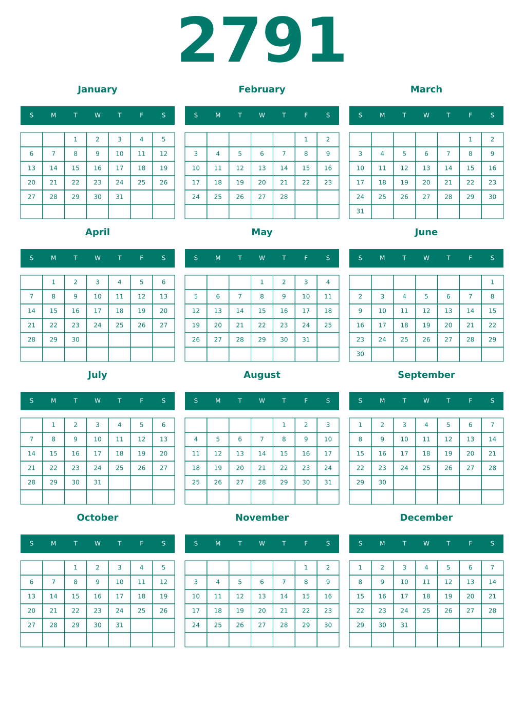 Printable 2791 Year Calendars pastel
