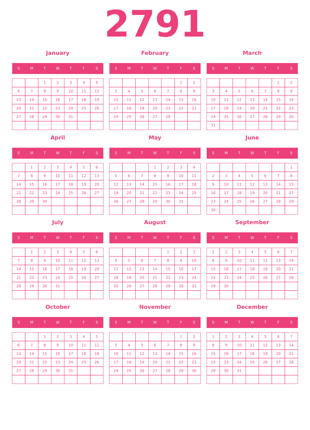 Printable 2791 Year Calendars pink