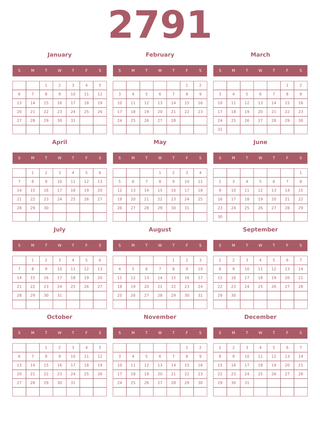 Printable 2791 Year Calendars puce