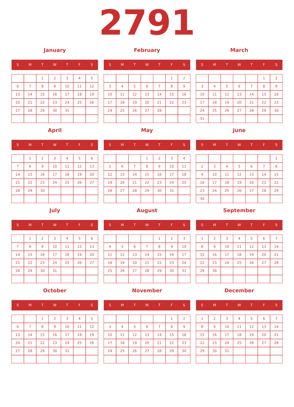 Printable 2791 Year Calendars red