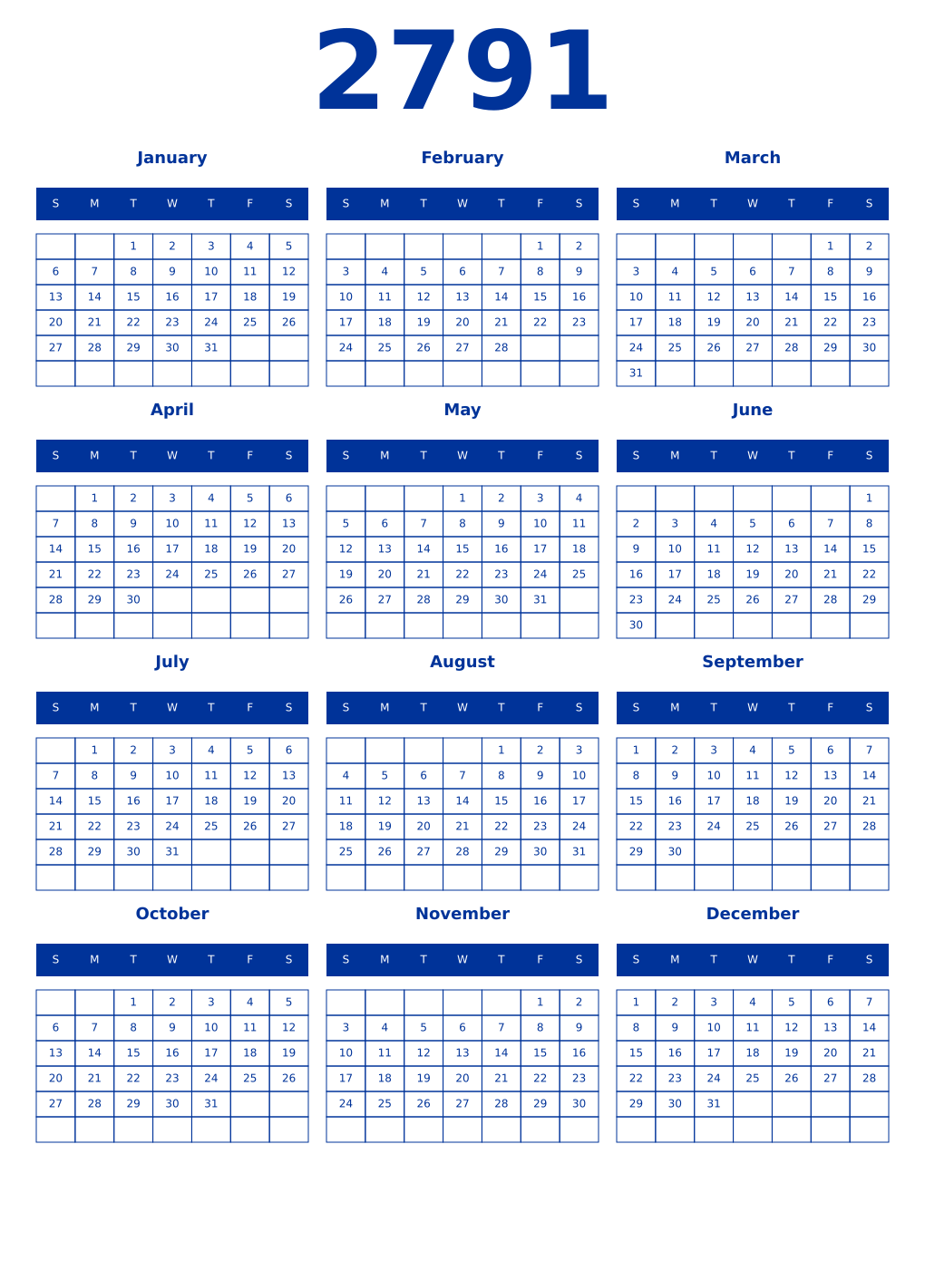 Printable 2791 Year Calendars smalt