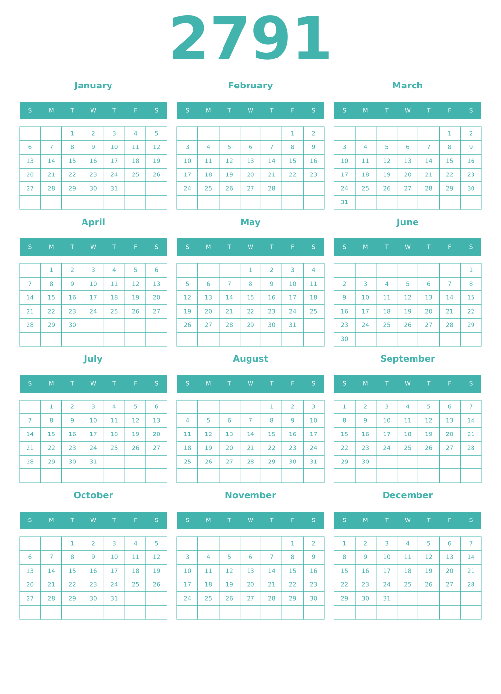 Printable 2791 Year Calendars verdigris