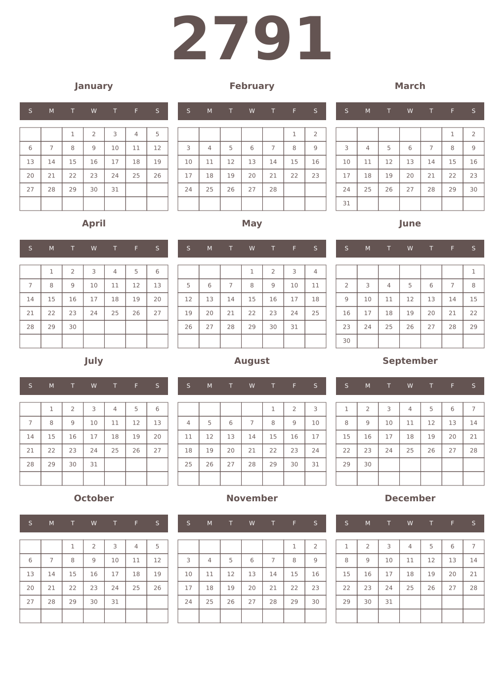Printable 2791 Year Calendars wenge
