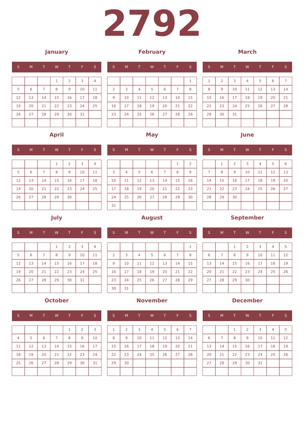 Printable 2792 Year Calendars cordovan