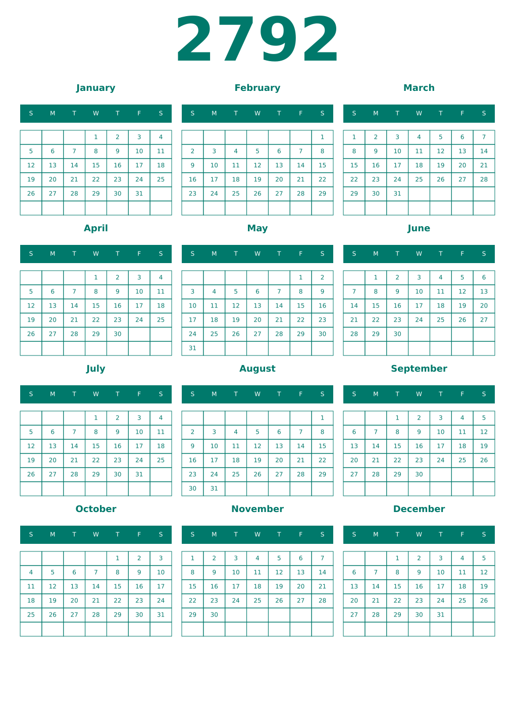 Printable 2792 Year Calendars pastel