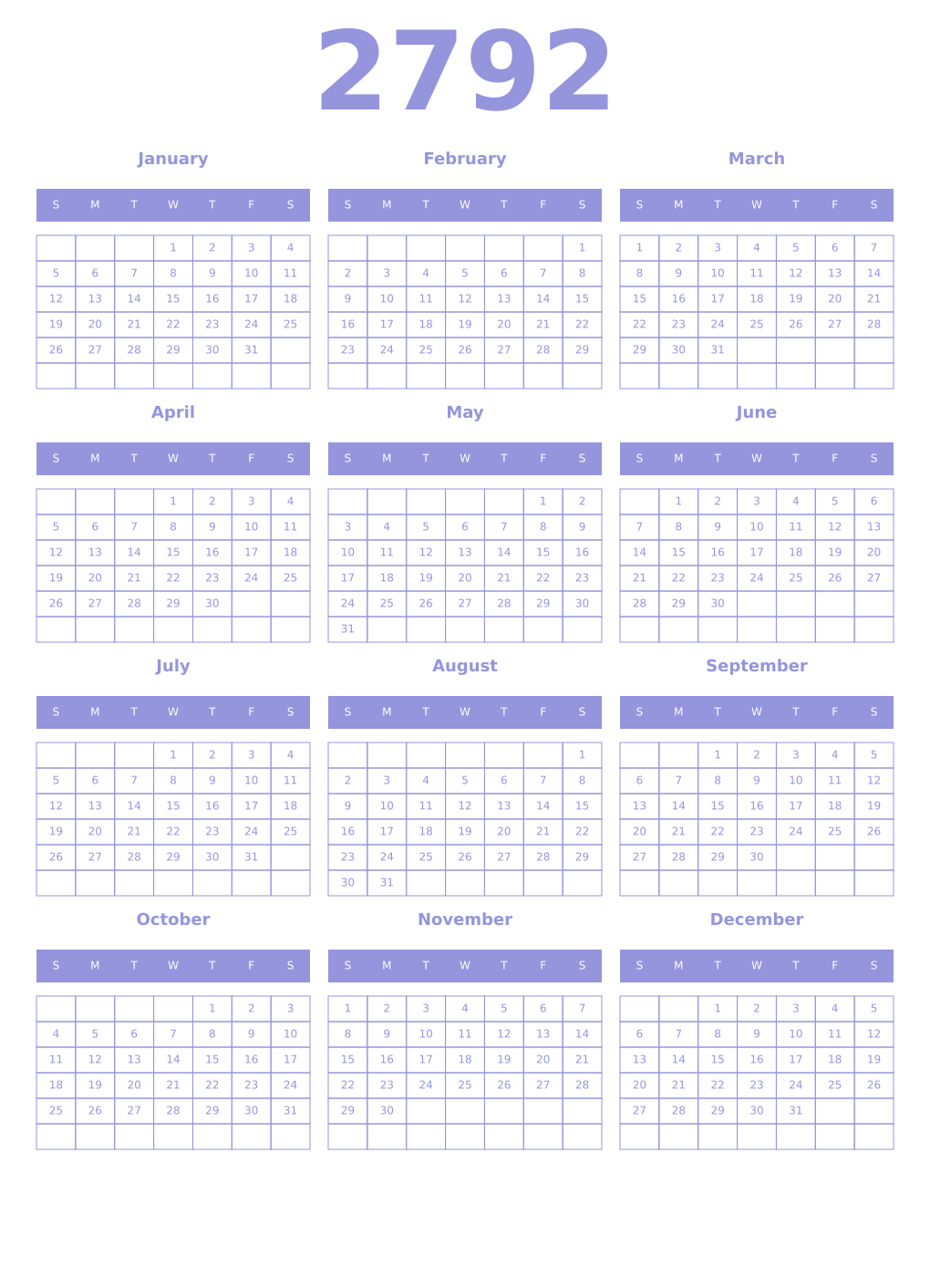 Printable 2792 Year Calendars periwinkle