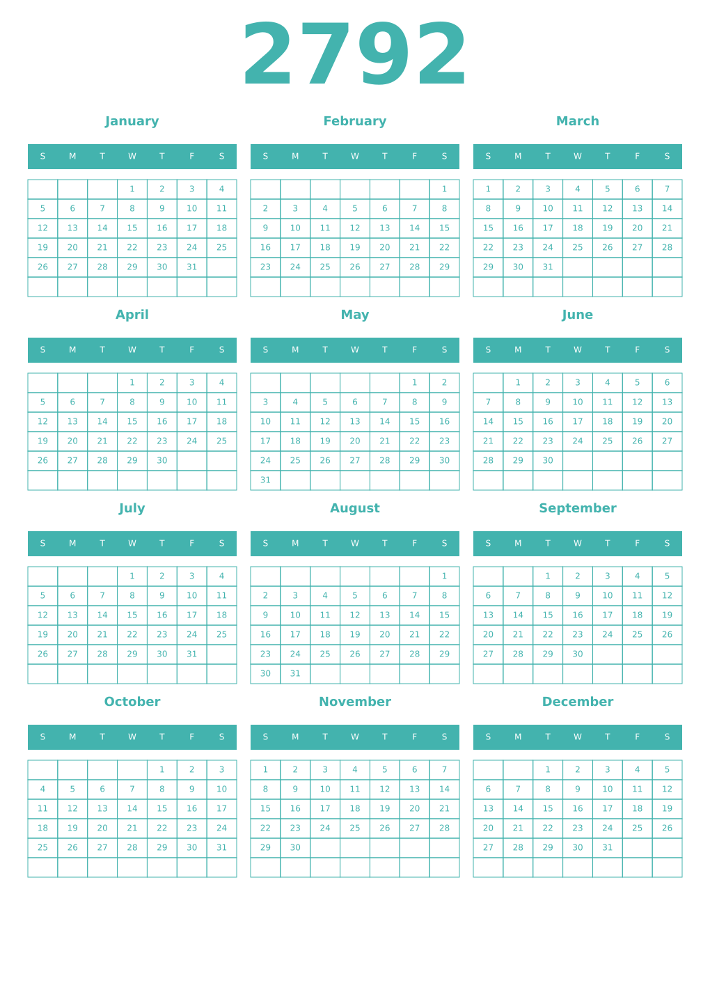 Printable 2792 Year Calendars verdigris