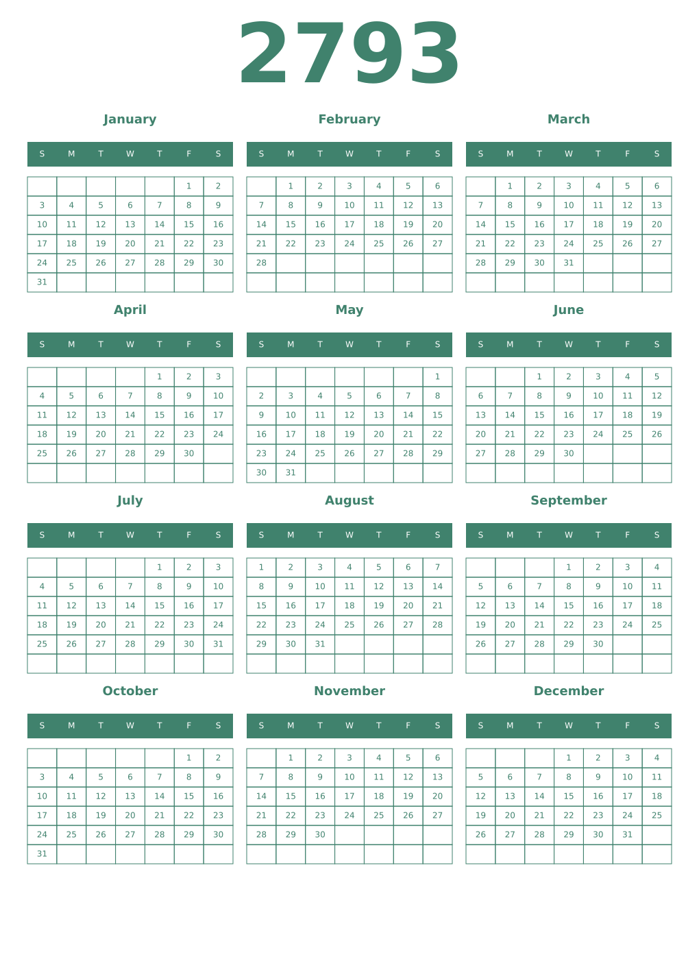 Printable 2793 Year Calendars viridian