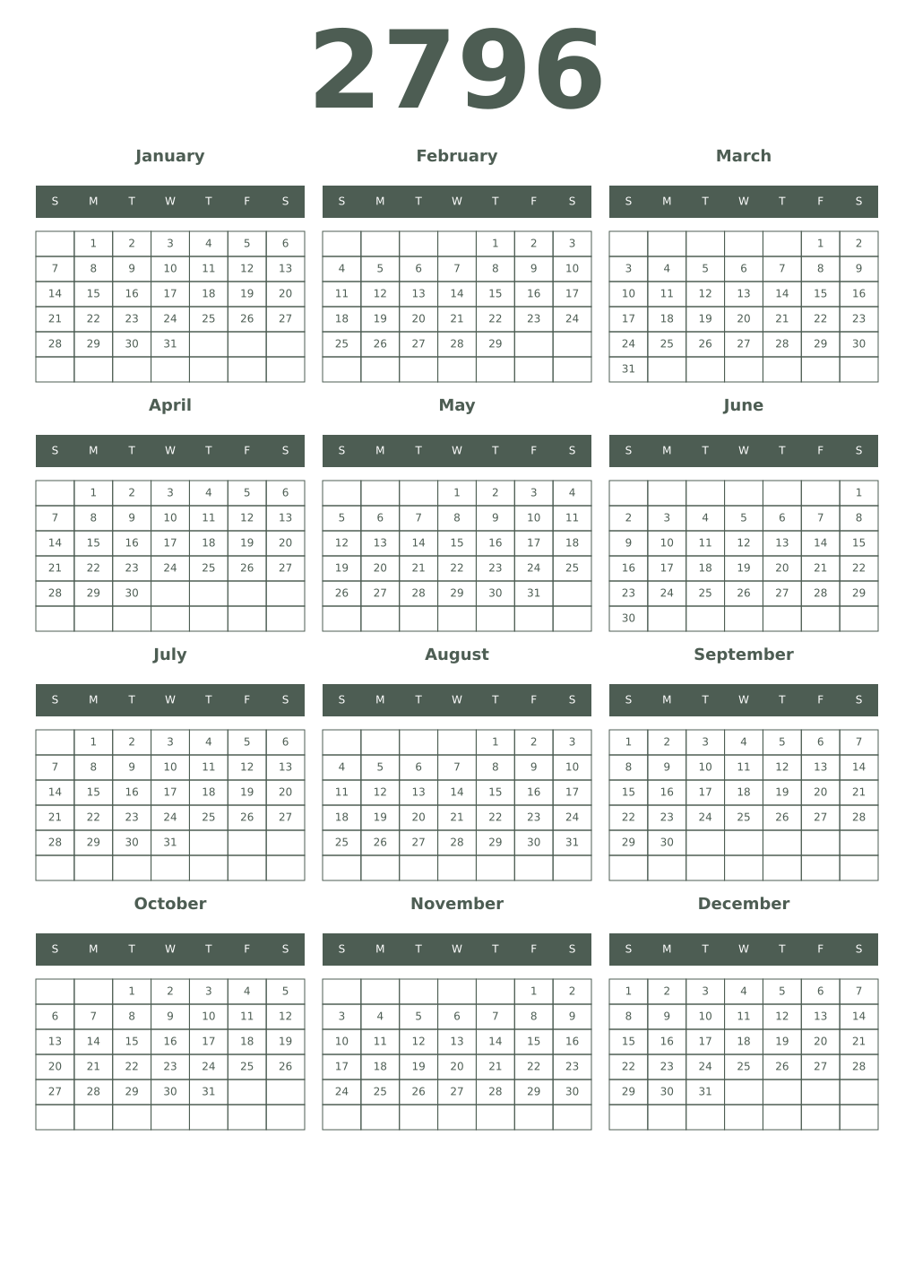 Printable 2796 Year Calendars feldgrau
