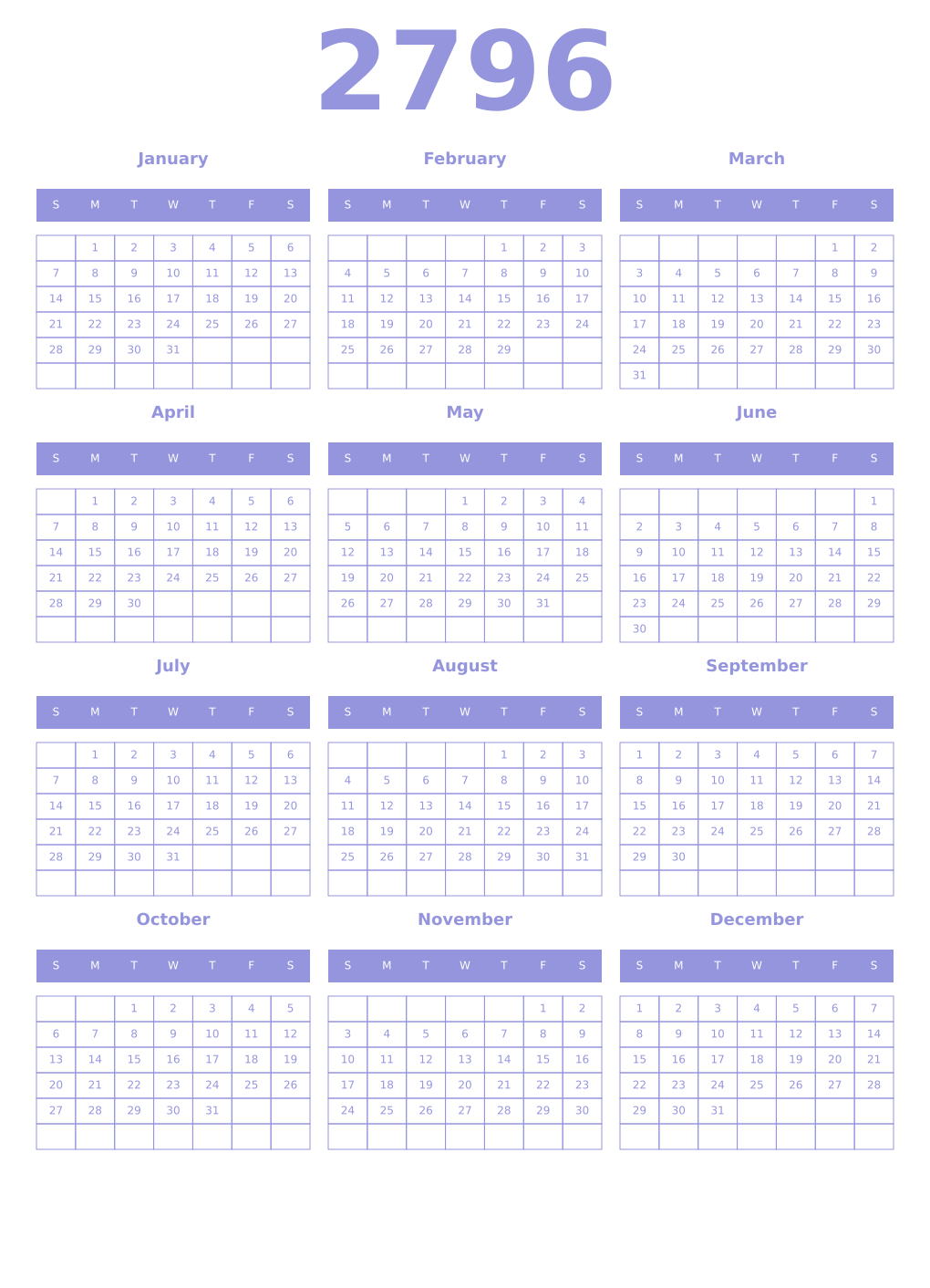 Printable 2796 Year Calendars periwinkle